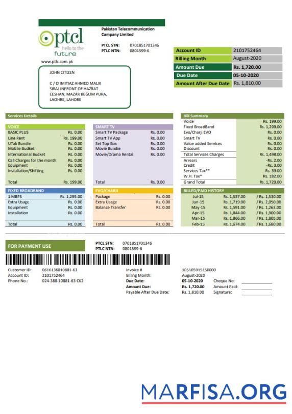 Realistic Pakistan PTCL utility bill template in Word and PDF format
